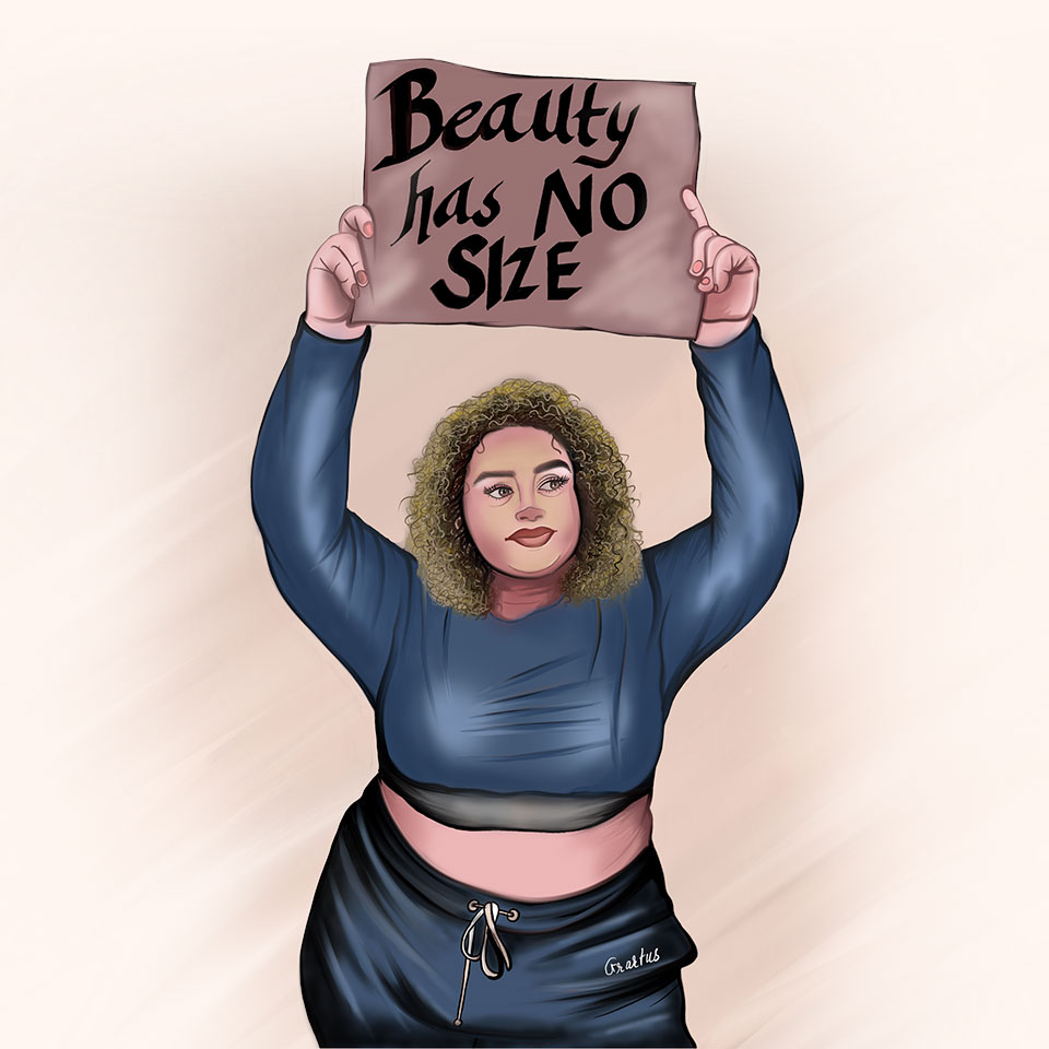 Illustration of Plus Size Girl in Curly Hair and Blue Top Holding Beauty has no Size Poster